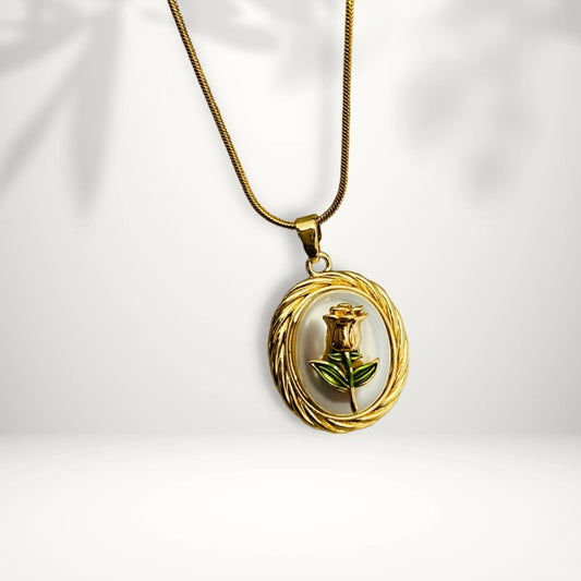 Vintage Gold Plated Rose Oval Chain Locket Style with Enamel Flower Design Necklace