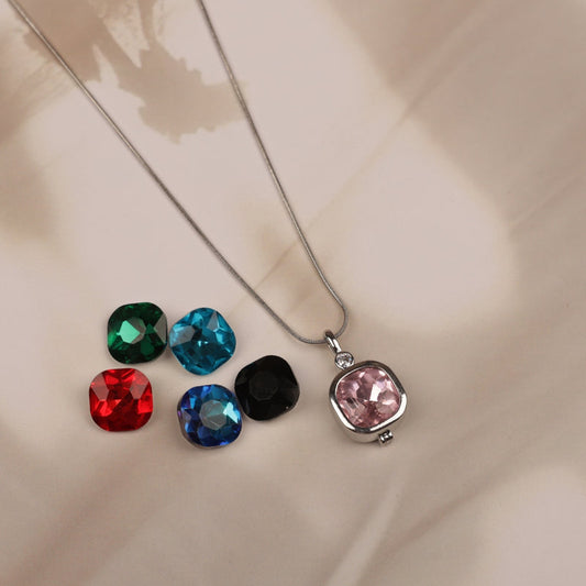 6-in-1 Cushion-Cut Interchangeable Silver Plated Chain Pendant Necklace