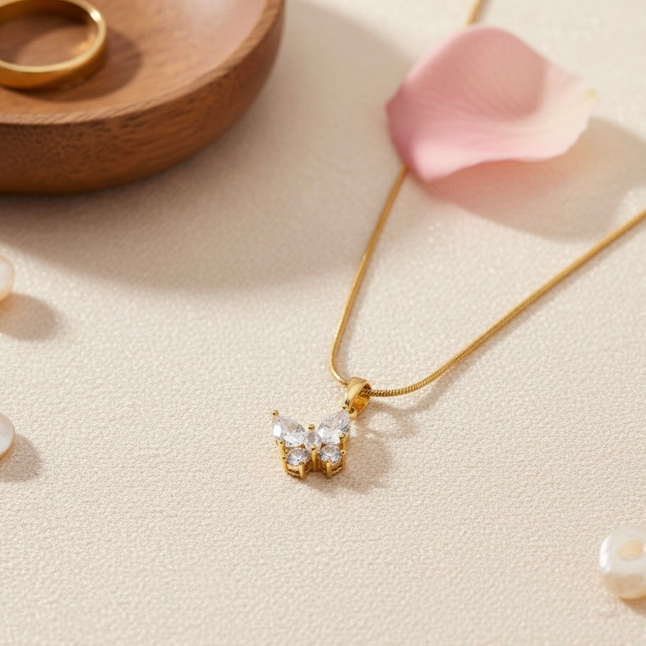 Dainty Cubic Zirconia AD Stone Studded Gold Plated Butterfly Pendant Necklace