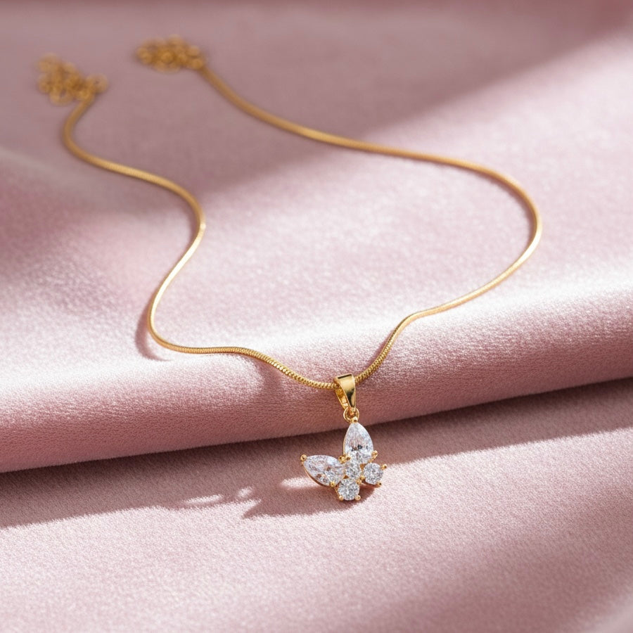 Dainty Cubic Zirconia AD Stone Studded Gold Plated Butterfly Pendant Necklace