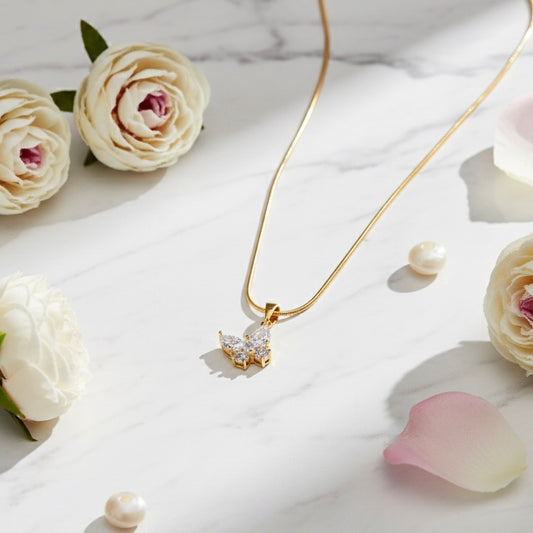 Dainty Cubic Zirconia AD Stone Studded Gold Plated Butterfly Pendant Necklace