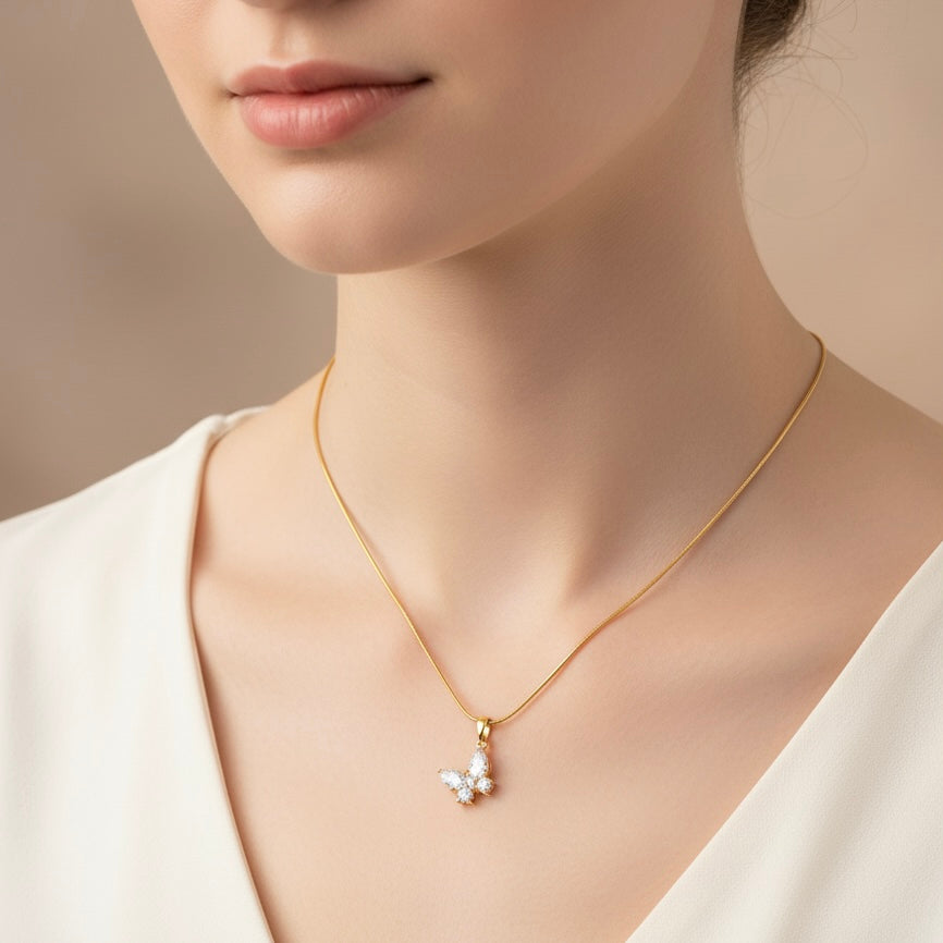 Dainty Cubic Zirconia AD Stone Studded Gold Plated Butterfly Pendant Necklace