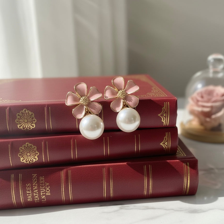 Charming Pink Enamel Floral Stud Earrings with Round Pearl Dangle