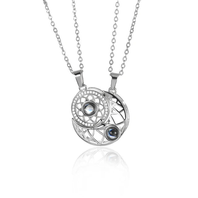 Couple Necklace Set with 100 Languages "I Love You" Projection – Moon & Sun Pendant