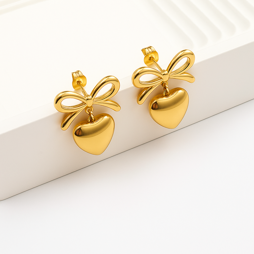 Elegant Gold Heart Bow Anti Tarnish Korean Earrings for Women & Girls