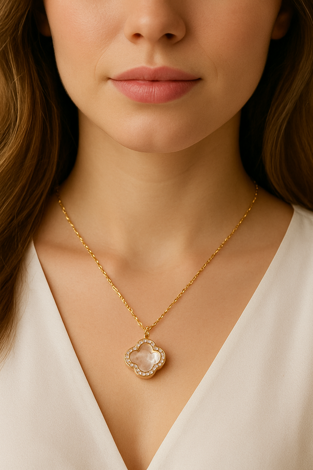 Elegant Gold Plated Clover Pendant Necklace with Dazzling Stones