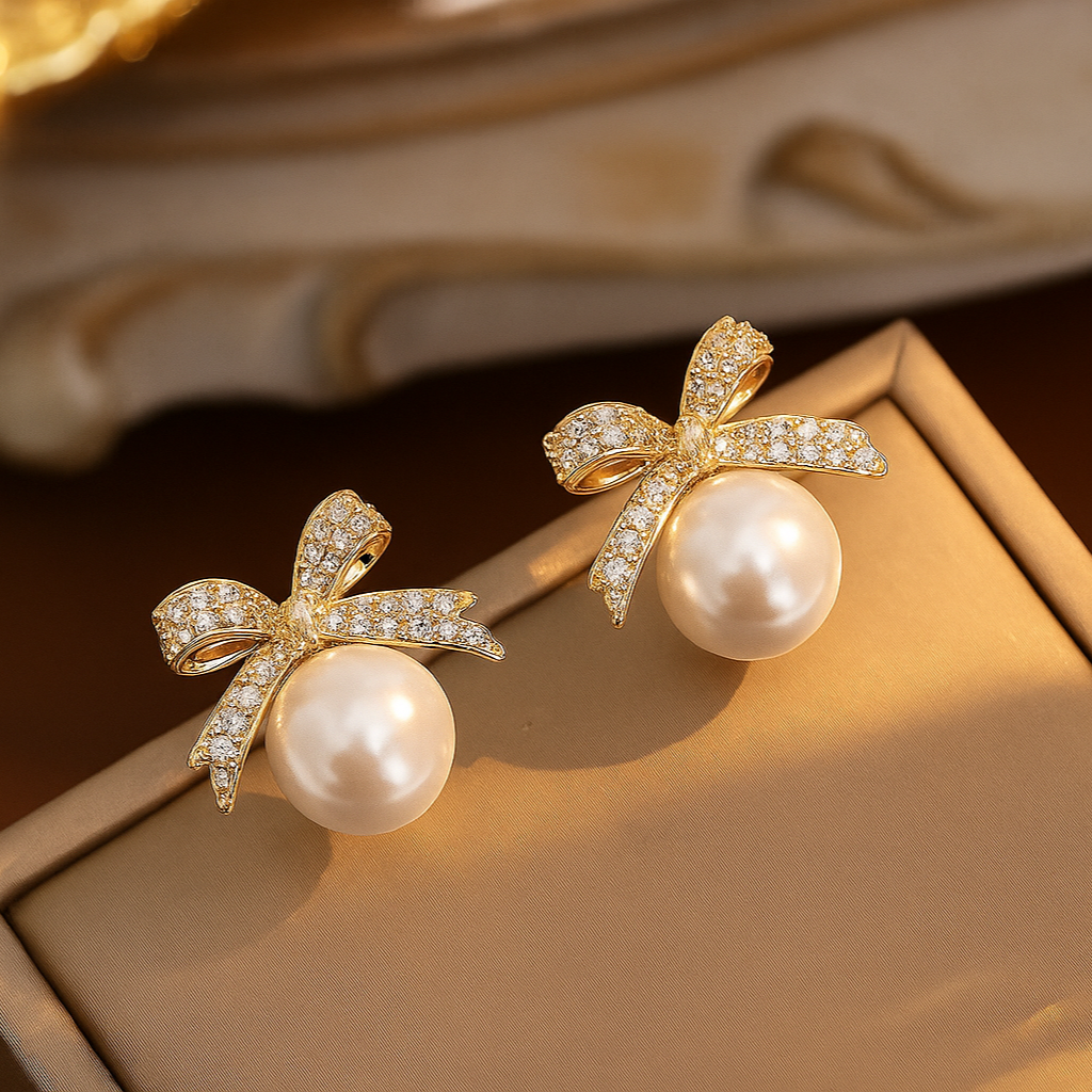 Elegant Crystal Bow Designed Gold Plated Pearl Stud Earrings for Women