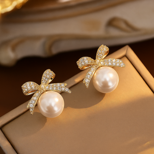 Elegant Crystal Bow Designed Gold Plated Pearl Stud Earrings for Women